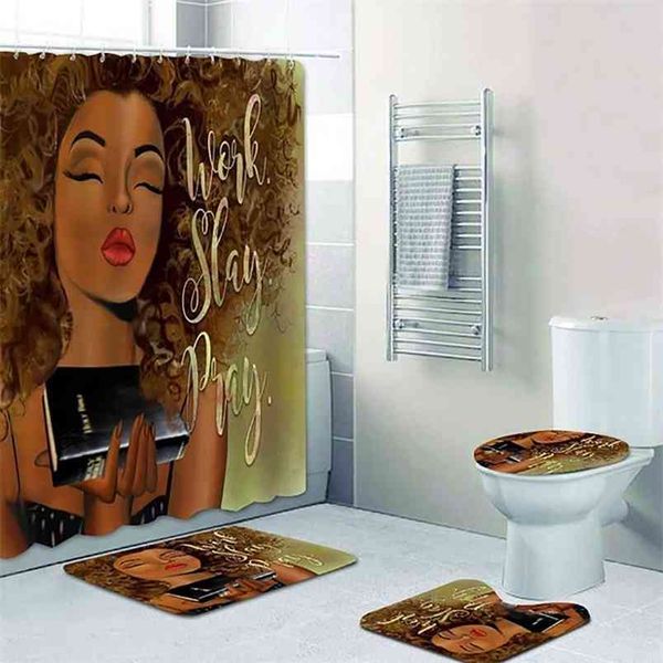 Tenda da doccia afroamericana Set Black Girl Work Slay Pray Bagno Tappetino da bagno Tappeto Tappeto Toilette Ispirazione Home Decor 210915