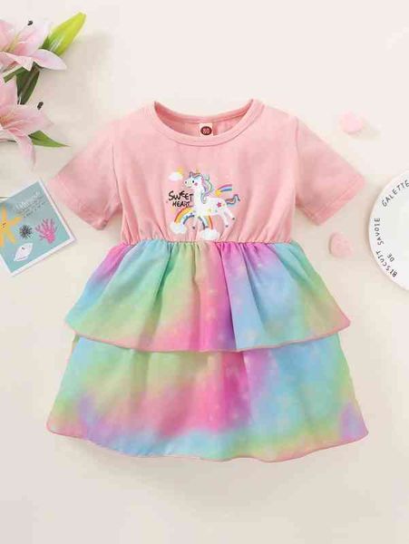 

baby letter & unicorn print ombre layer hem dress she, Red;yellow