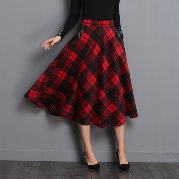 

neophil england style red plaid high waist midi skirts woolen plus size 3xl a line pleated winter women tartan skirts s1735 210303, Black
