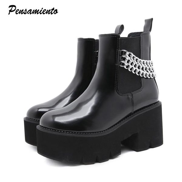 

boots fashion chain patent leather slip-on women motorcycle platform wedge autumn winter chunky shoes casual knight ankle, Black