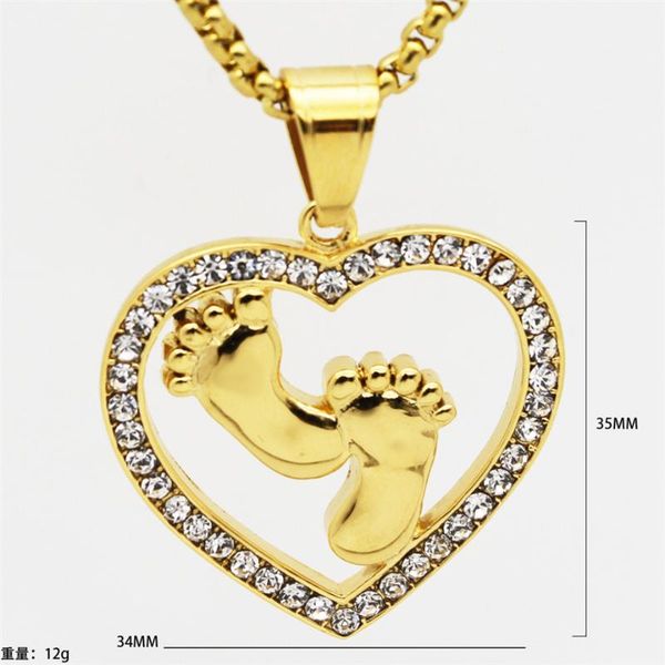 

chains iced out cz heart pendant & gold color stainless steel baby footprint necklace for women mon romantic cute jewelry gift, Silver