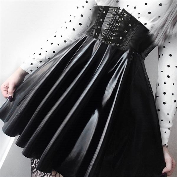 

suchcute women's skirts gothic harajuku bandage faux leather korean fashion black mini pleated skirts summer party pu saias 210310