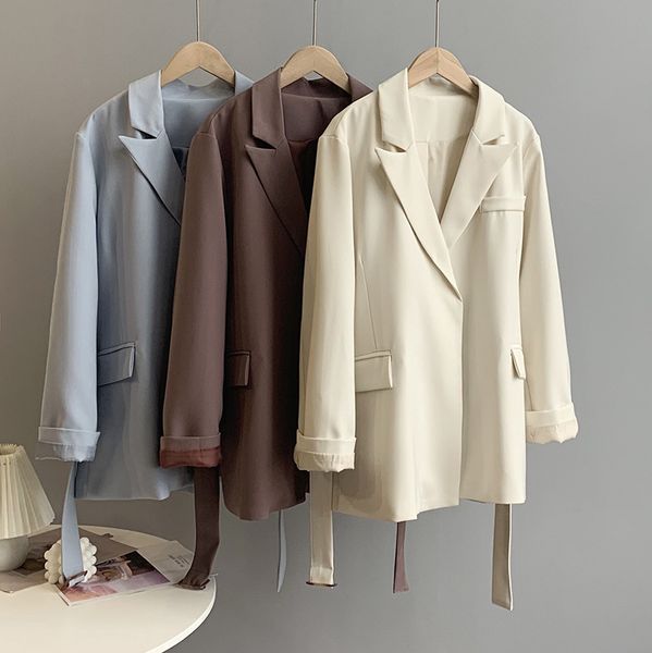 

new 2021 spring jacket turn down collar vintage woman blazer ladies with women's belt for women blazers r59b, White;black