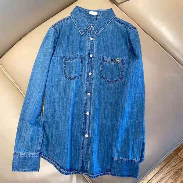 

high version 2021 summer new fashion saijia embroidery letter splicing youth simple washed couple denim shirt, White
