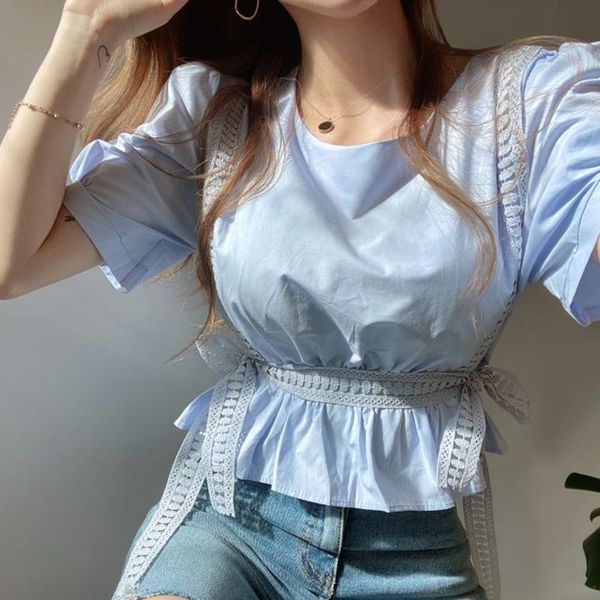 

women's blouses & shirts zcsmll round neck lace patch bow puff sleeve shirt short korean fashion loose women 2021 spring summer, White
