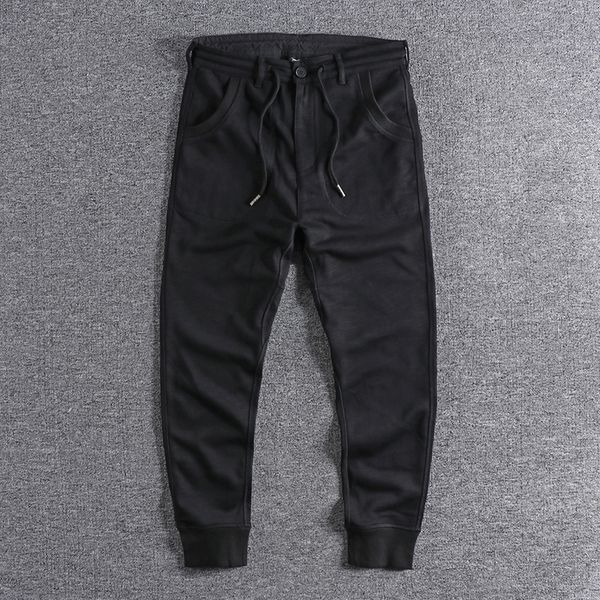 

2021 new arrival british retro trend loose sports terry slub cotton men's legged casual pants trouser 0628 t88m, Black