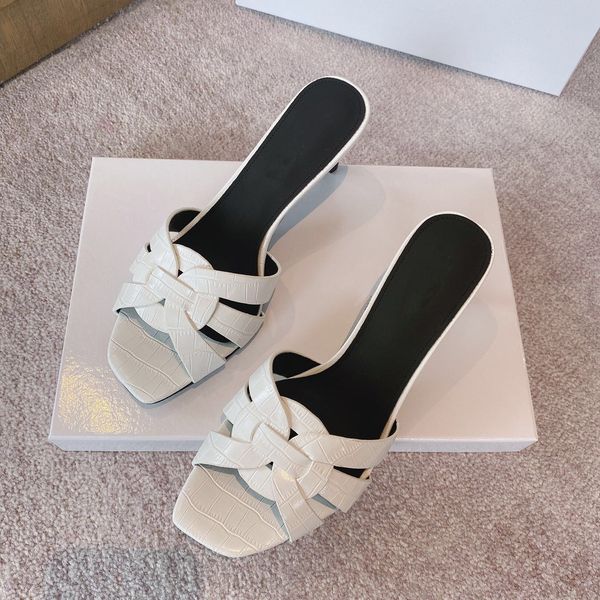 Genuine Leather Stone Grain Women Sandals Designer Shoes Woman Slippers Female 6.5cm Heels White