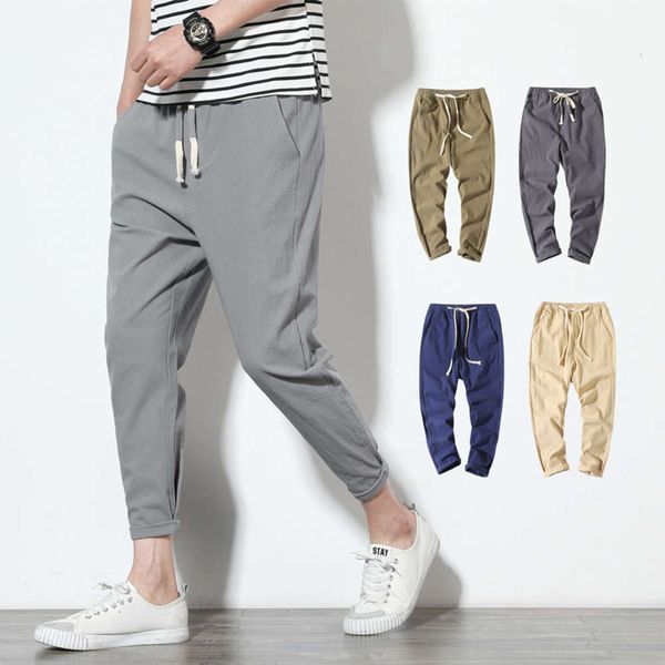 

2020 summer linen capris men's pants korean fashion slim fit small feet cotton hemp harlan casual loose, Black