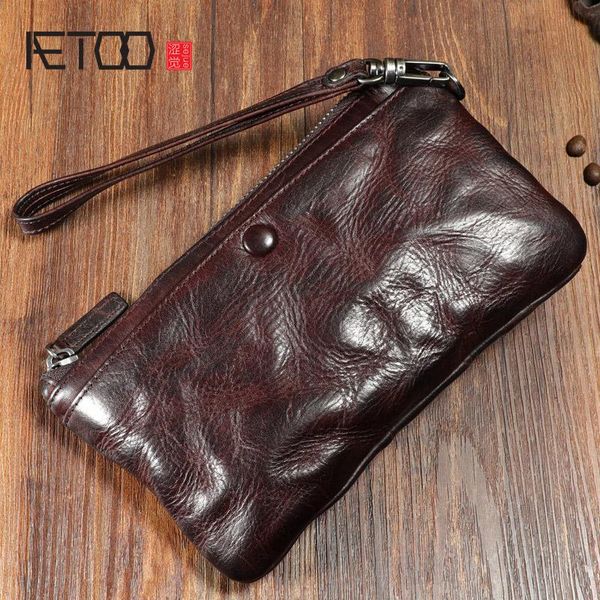 

aetoo handmade first layer cowhide long wallet, retro wrinkled leather wallet, trendy buckle wallet, Red;black