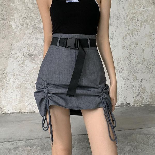 

skirts irregular short mini women summer high waist bandage skirt ladies streetwear slim bottoms saias with belt, Black