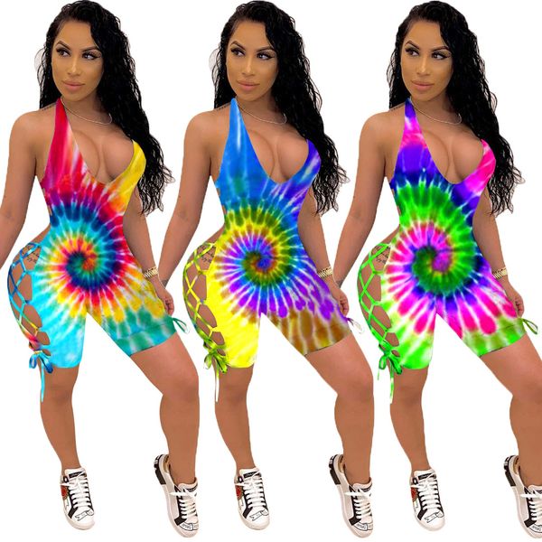 

spaghetti strap playsuit for women 2020 tie dye bandage rompers and jumpsuits for women hollow out casual playsuit, White