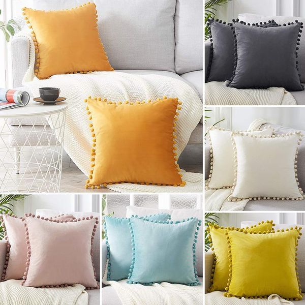 

cushion/decorative pillow 45cm soft velvet cushion cover with pompom ball muilt-colors for bedroom living room sofa decoration cases