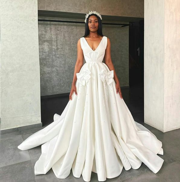

custom v neck a line wedding dresses with bow pearls beads court train lace-up back plus size bridal gowns vestidos de novia, White