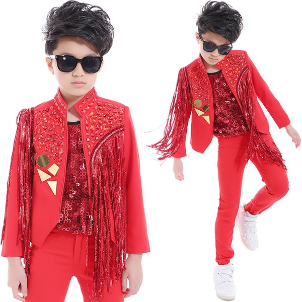 

2021 new children jazz performance costume sequined fringe mirror coat vest boys celebration hiphop dancewear red stage wear, Black;red