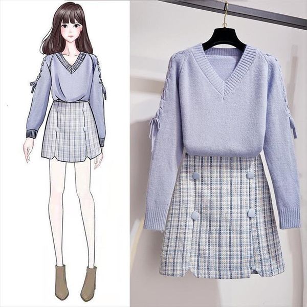 

plaid skirt set korean style women tracksuits 2 piece girl student casual sweet suit outfit femme winter sweater, Gray