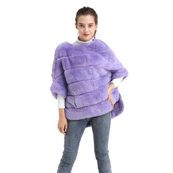 

women's fur & faux 2021 real rex coat fashion bat sleeves coats o-neck strips pattern multicolors, Black