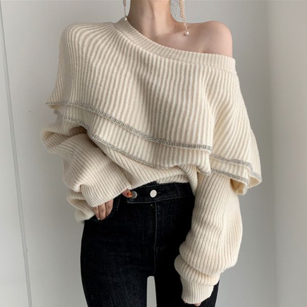 

2021 autumn new korean style pullovers wild fashion ladies sweaters off shoulder long-sleeved women clothing zqb6, White;black