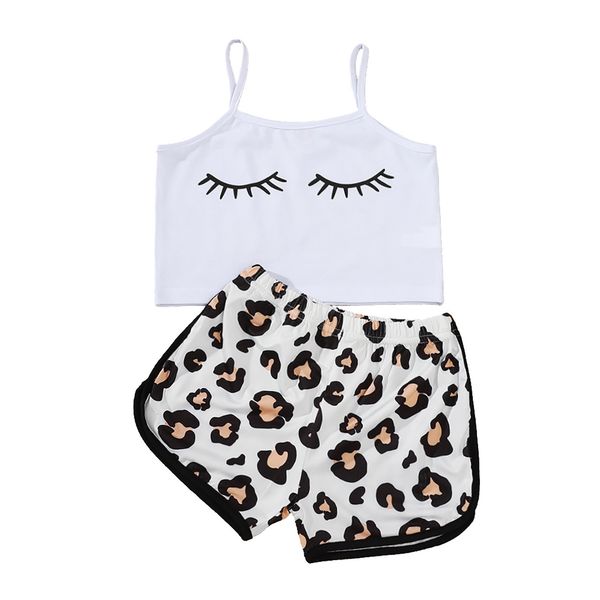 

2-7years girls summer two piece set eyelash printed suspender vest and leopard short pants kids outfit for 1-7y, White