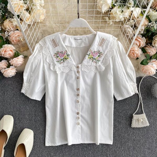 

women's blouses & shirts 2021 arrivals fresh floral embroidery blouse shirt peter pen collar patchwork lace short sleeve single breaste, White