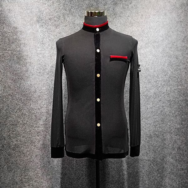 

mens dance for latin ballroom dance competition costume black long sleeve male professional latin danc clothing 1451, Black;red