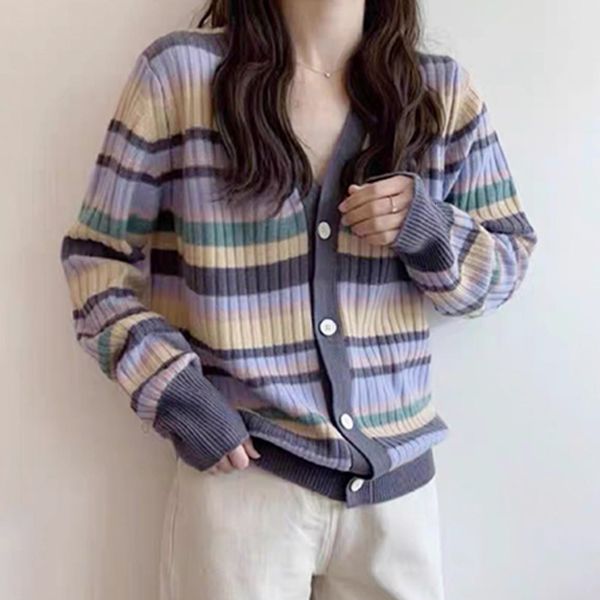 

2021 new vintage raiow striped knitted cardigan women korean causal sweater autumn long sleeve v-neck knitwear pull femme 7amb, White;black