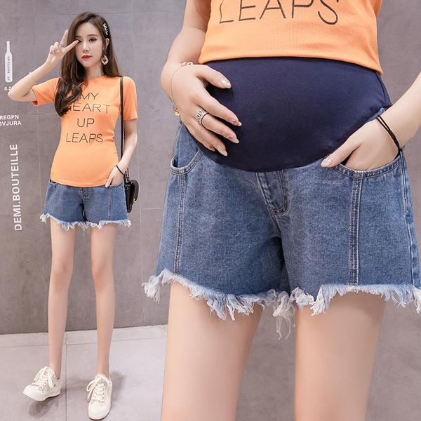 

8823# summer chic denim maternity shorts elastic belly short jeans for pregnant women ripped hole wide leg loose pregnancy bottoms, White