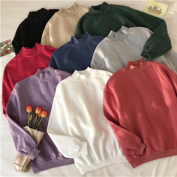 

women's hoodies & sweatshirts women fashion casual solid half turtleneck females pullover korea all-match loose ladies, Black