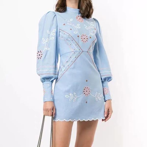 

2021 spring fashion designer embroidery runway dress women's stand collar lantern sleeve hollow lace single breasted short dress, Black;gray