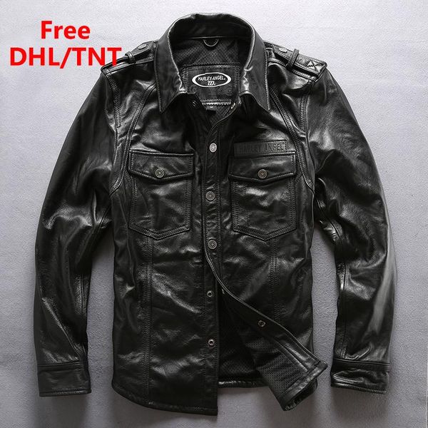 

men's leather & faux men black genuine leatehr jacket shirt first layer soft cow business casual coats dhl/tnt fast