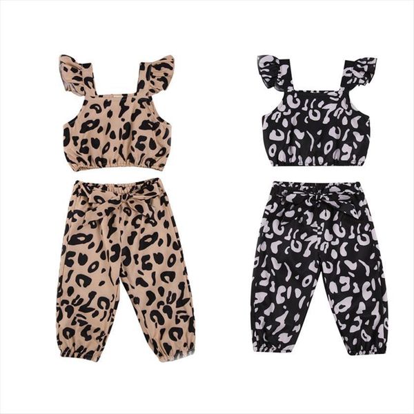

1 5y fashion kids girls clothes sets 2pcs leopard print ruffles short sleeve long pants, White