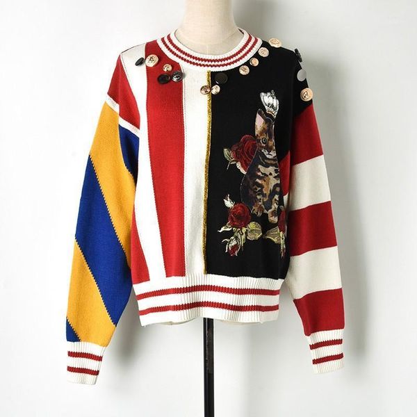 

women's knitted sweater winter crown patch cat flower button gold line decoration knitwear pullover female sweaters, White;black