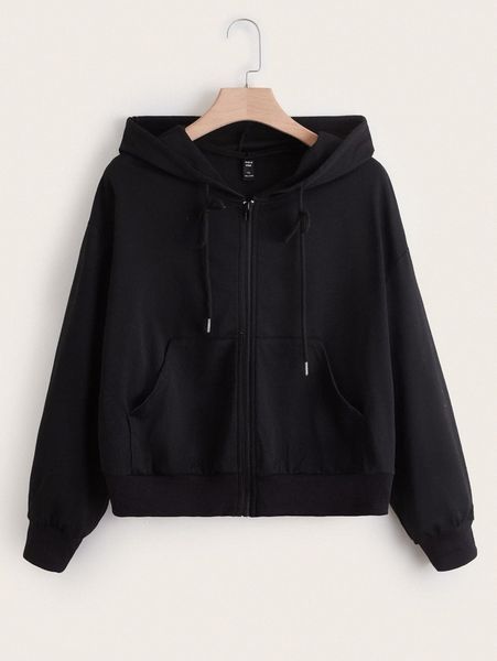 

plus drop shoulder drawstring zipper hoodie 97aq#, Black