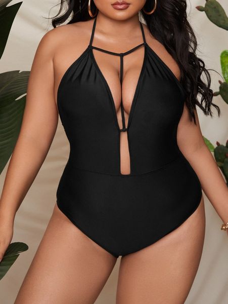 

plus plain cut out one piece swimsuit z2gt#, Black