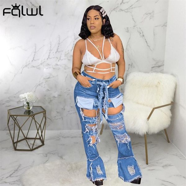 

women's pants & capris fqlwl summer streetwear fashion denim women hole bandage blue jeans trousers female casual high waist wide leg f, Black;white