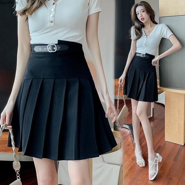 

skirts houthion women's casual fashion mini empire pleated skirt spring/summer slim solid color belt above knee, Black