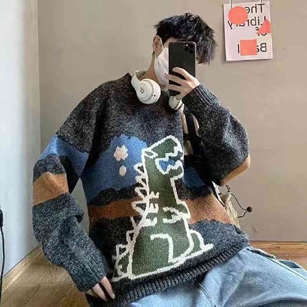

autumn dinosaur cartoon print o-neck long-sved fashion knitted pullover male casual wild couple winter sweater, Black
