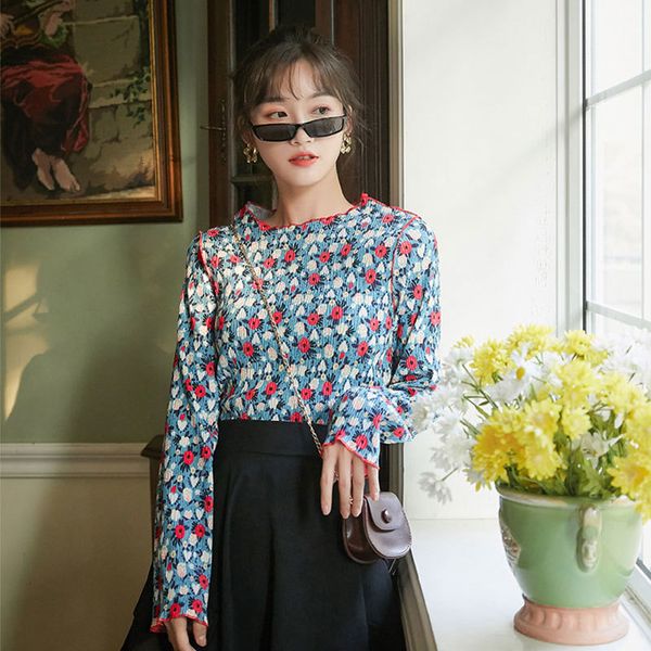 

2021 new vintage floral long sleeve ribbed casual tshirt korean t autumn tee shirt fall women clothing ieky, White