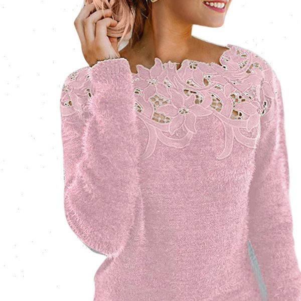 

nibesser 2021 new womens autumn winter long sleeved lace sweater solid o neck knitted sweater women large size pullovers, White;black