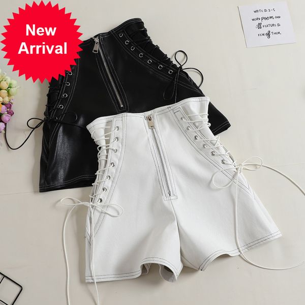 

spring summer women clothes 2021 white high waist shorts korean casual bandage pu leather short feminino 11705 zt2593, White;black