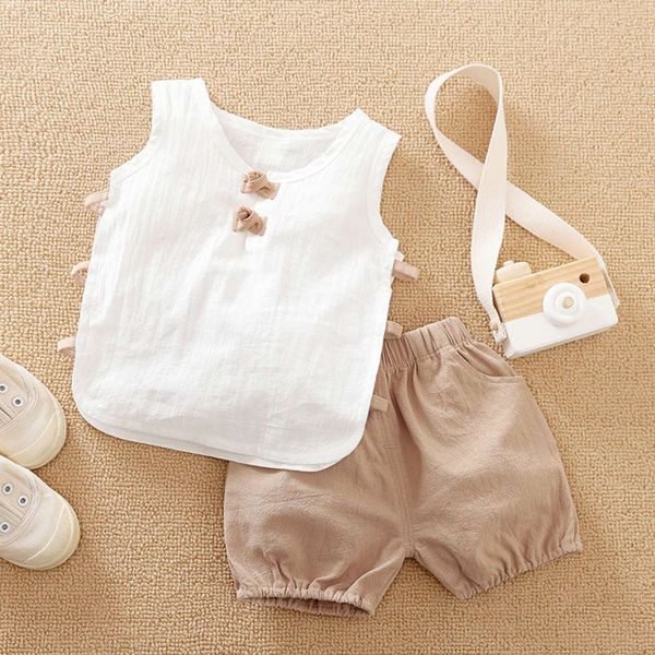 

spring children's suit summer vest two piece set 2021 new boys' and girls' clothing baby thin clothes, White