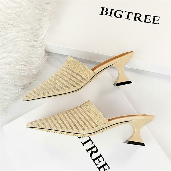 

korean pointed light heel women's summer sandals ol knitted mesh elastic vest breathable shoes mule sandals, Black