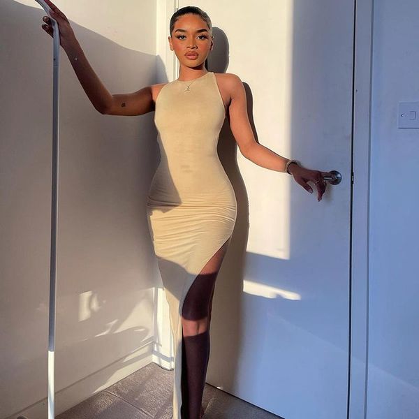 

casual dresses women close-fitting slit dress solid color round collar sleeveless black/ khaki, Black;gray