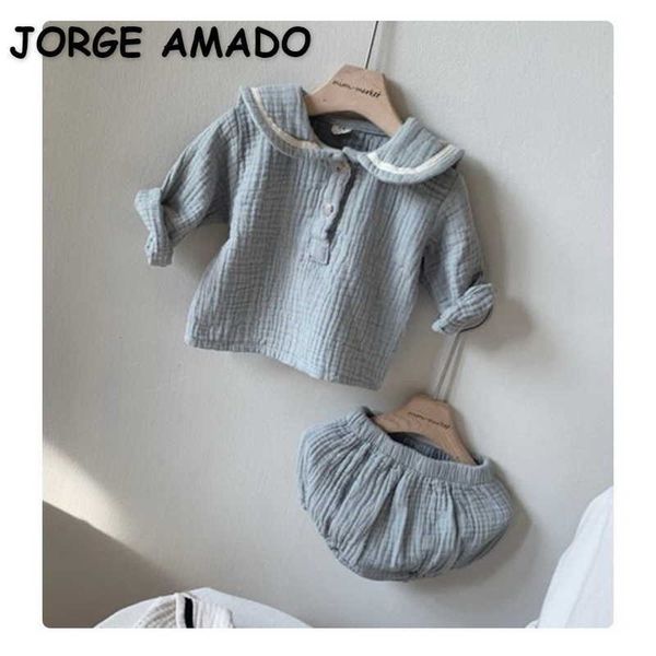 

wholesale spring baby girls 2-pcs sets solid color peter pan collar + shorts children fashion clothes e015 210610, White