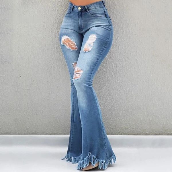 

women's jeans zoulv 2021 tassel ladies trousers bell bottoms skinny denim jean pants hole high waist flare with pockets streetwear, Blue