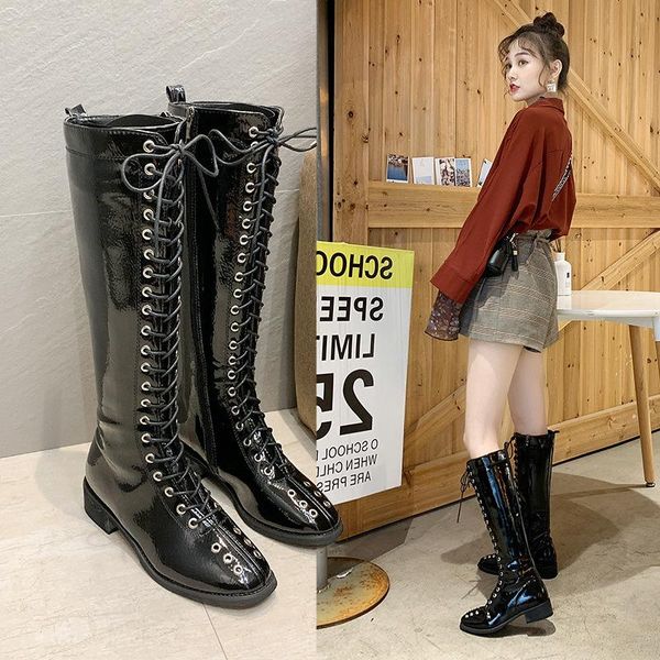 

boots high lace thick heel knight 2021 style female, Black
