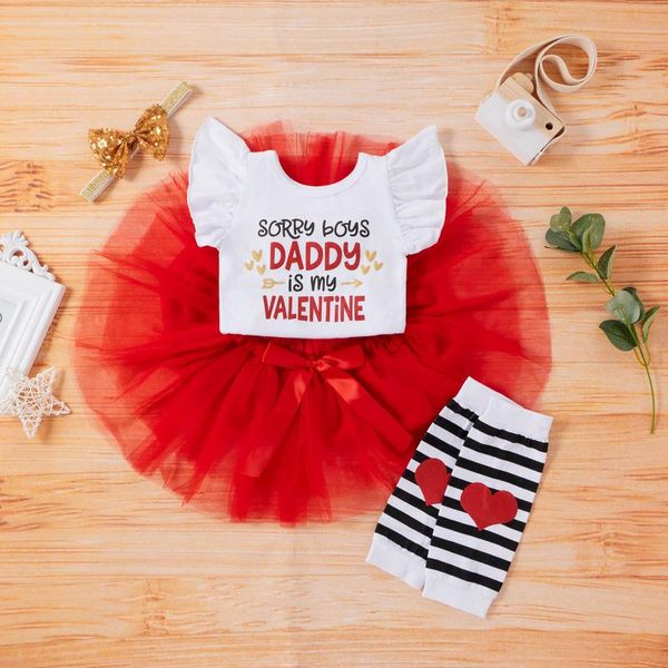 

clothing sets baby girl clothes infant valentine's day letter romper sleeve +tulle skirts headbands outfits vestiti neonata, White