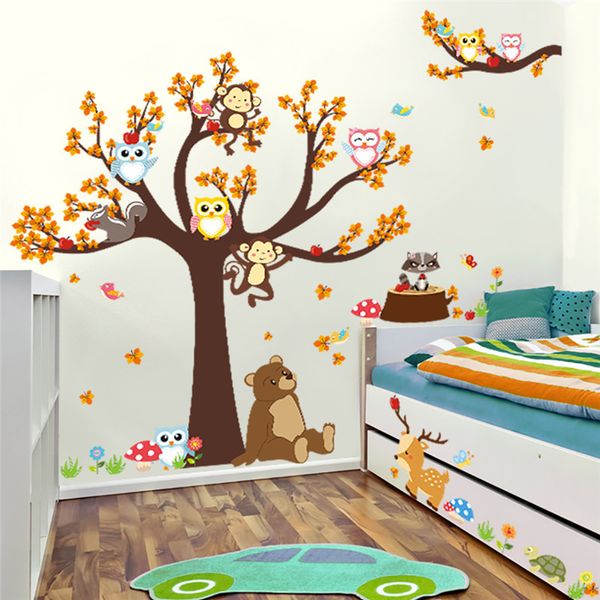 Cartoon Floresta Árvore Ramo Animal Coruja Monkey Urso Deer Adesivos Para Crianças Quartos Meninos Meninas Crianças Quarto Decoração Home 210308