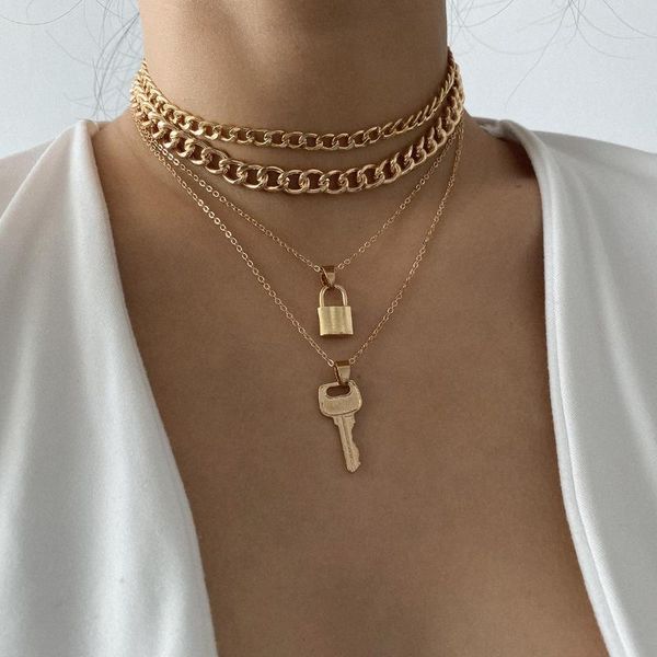 

chokers layered chain necklace neck chains lock key pendant jewelry for women punk choker padlock goth hip hop cool accessories, Golden;silver