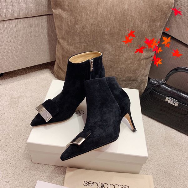 

2022 leather boots ladies short ankle cowskin boot autumn winter chunky heel martin booties fashion camfortable shoes with box size 35-40 -h, Black