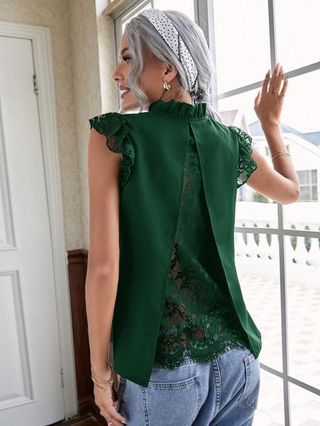 

contrast lace notch neck blouse t1cj#, White